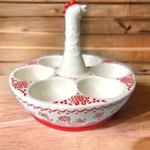 Anthropologie Biscuit EGG Dish HOLDER CHICKEN HANDLE Holiday Red White Ceramic